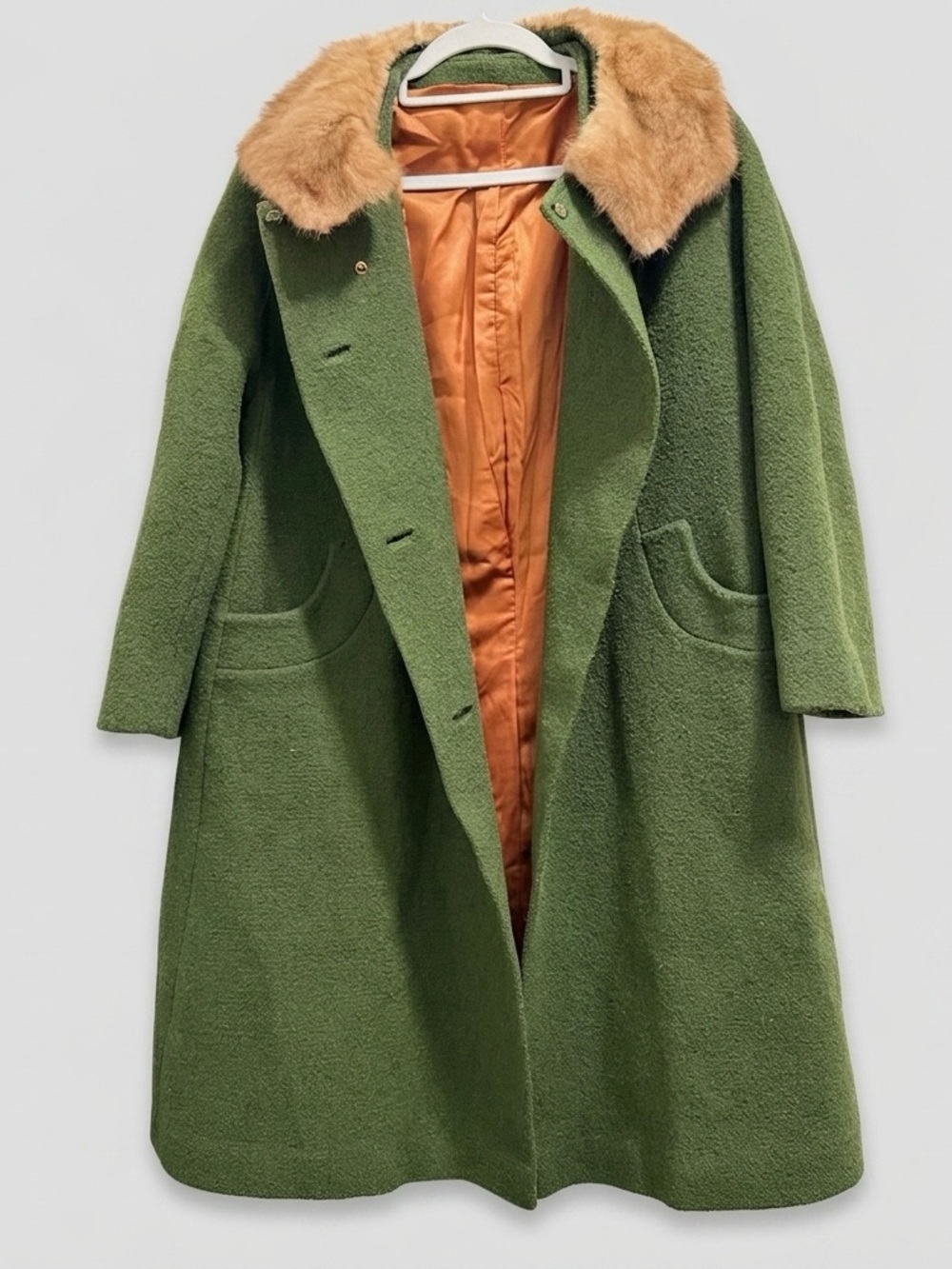Olive Green Wool Trench Coat with Tan Faux-Fur Collar